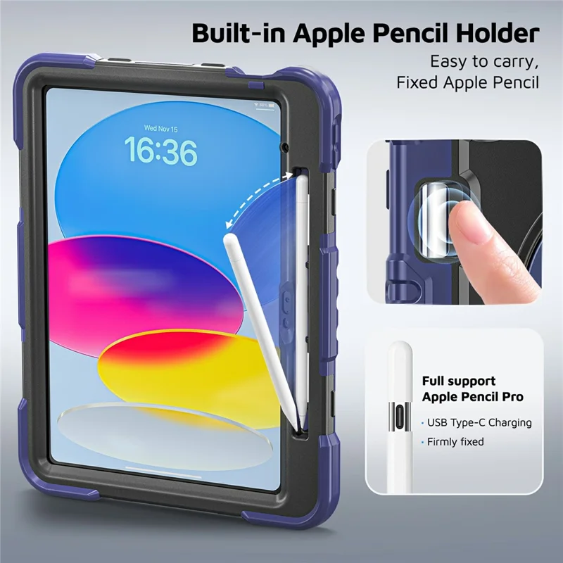 For iPad 10.9 (2022)  /  (2025) Case TPU + PC + Silicone Shockproof Tablet Cover with Kickstand Handle Grip - Navy Blue+Black