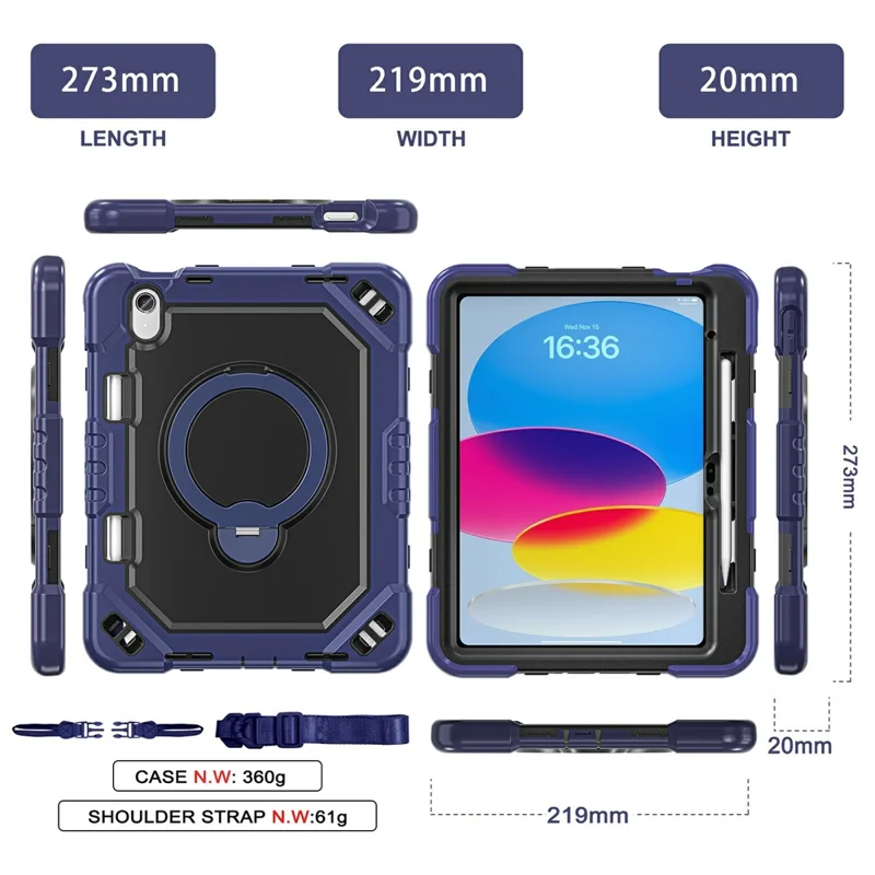 For iPad 10.9 (2022)  /  (2025) Case TPU + PC + Silicone Shockproof Tablet Cover with Kickstand Handle Grip - Navy Blue+Black