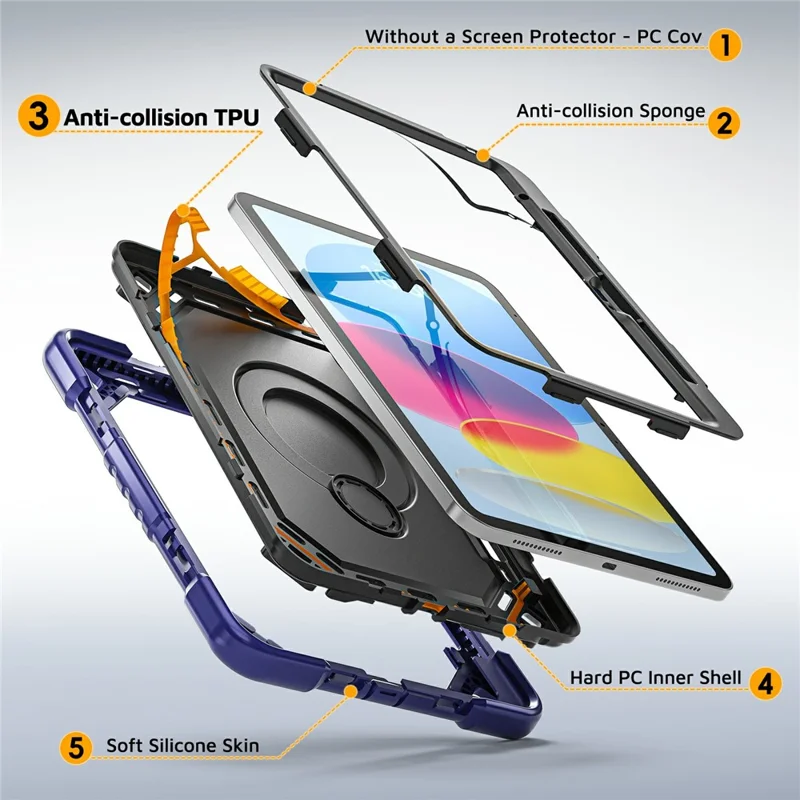 For iPad 10.9 (2022)  /  (2025) Case TPU + PC + Silicone Shockproof Tablet Cover with Kickstand Handle Grip - Navy Blue+Black