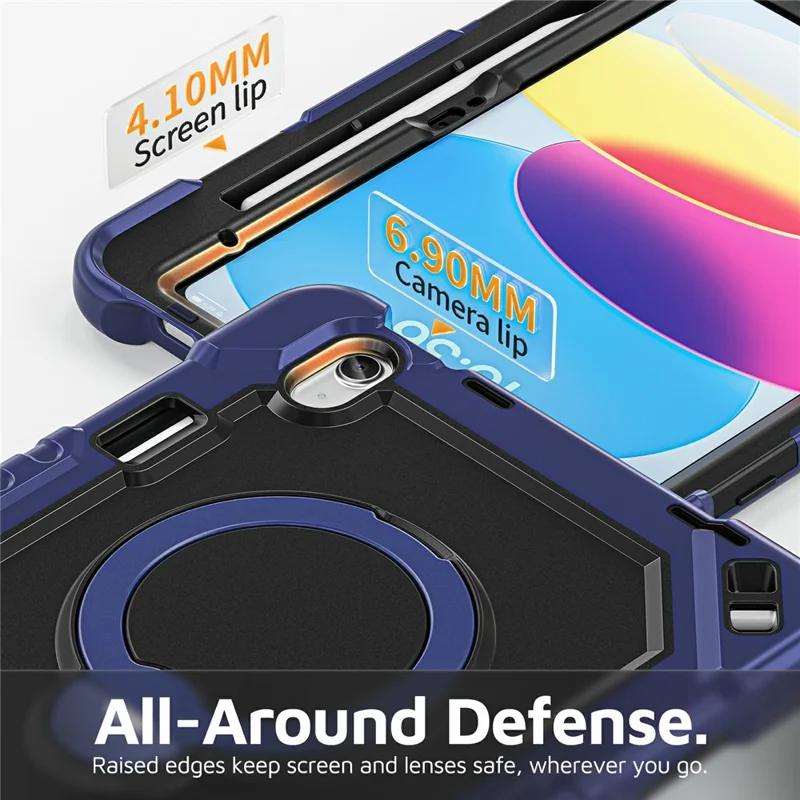 For iPad 10.9 (2022)  /  (2025) Case TPU + PC + Silicone Shockproof Tablet Cover with Kickstand Handle Grip - Navy Blue+Black