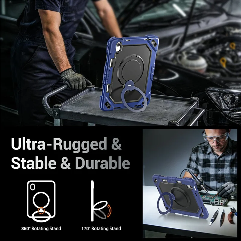 For iPad 10.9 (2022)  /  (2025) Case TPU + PC + Silicone Shockproof Tablet Cover with Kickstand Handle Grip - Navy Blue+Black