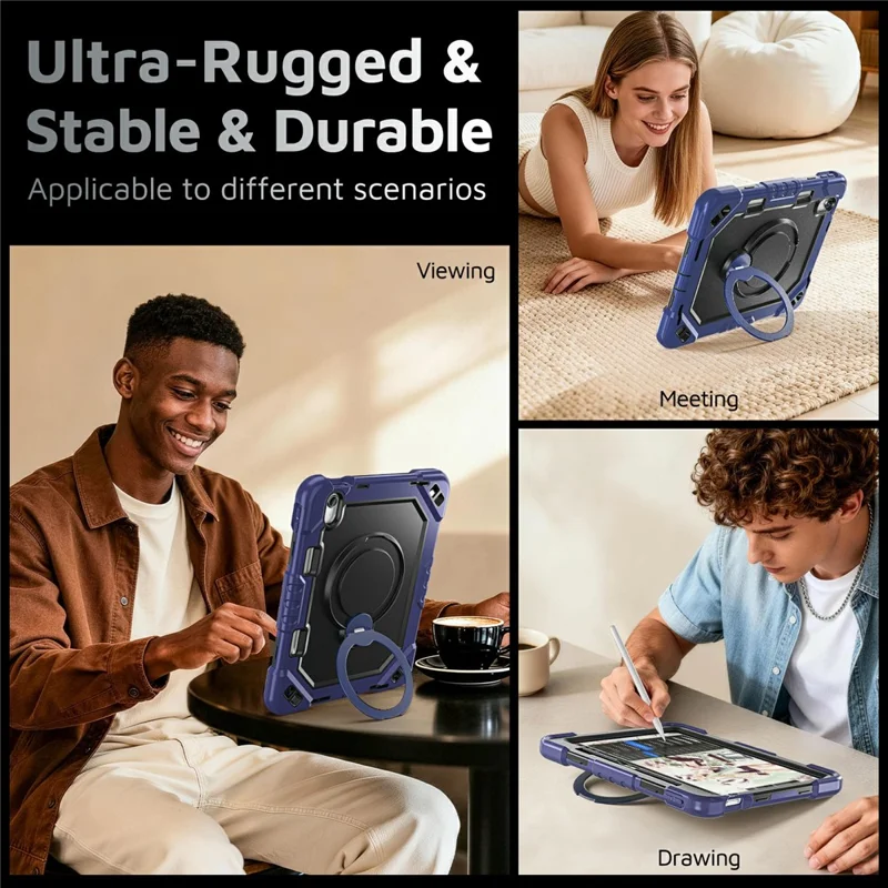 For iPad 10.9 (2022)  /  (2025) Case TPU + PC + Silicone Shockproof Tablet Cover with Kickstand Handle Grip - Navy Blue+Black