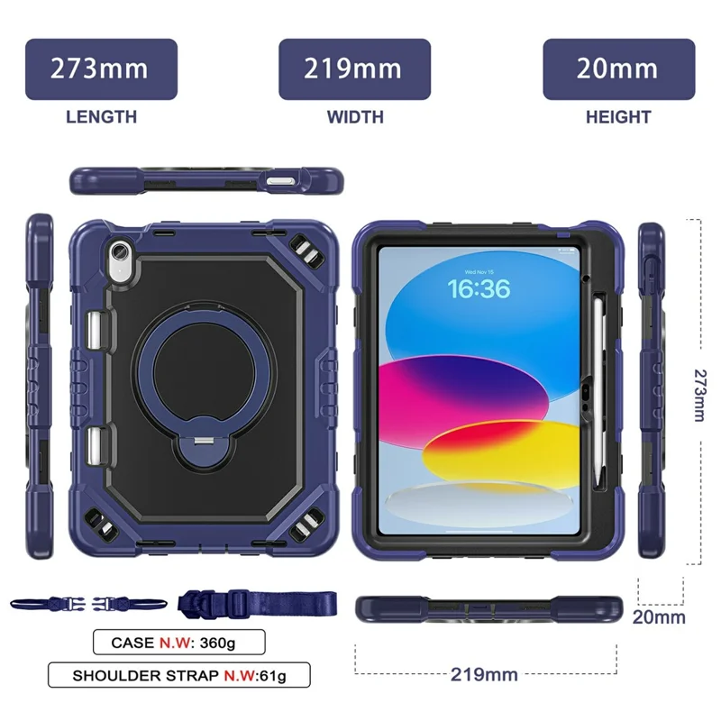 For iPad 10.9 (2022)  /  (2025) Case Kickstand TPU + PC + Silicone Tablet Cover with Shoulder Strap - Navy Blue+Black