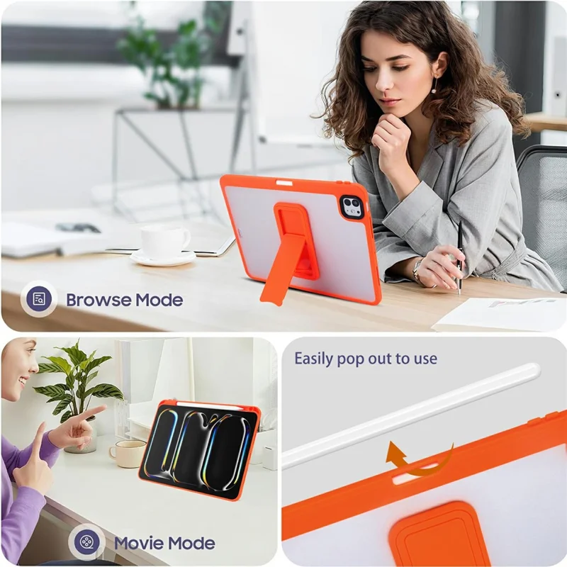For iPad Pro 11 (2025) / (2024) Case Pencil Slot Kickstand Acrylic + Silicone Tablet Cover - Orange