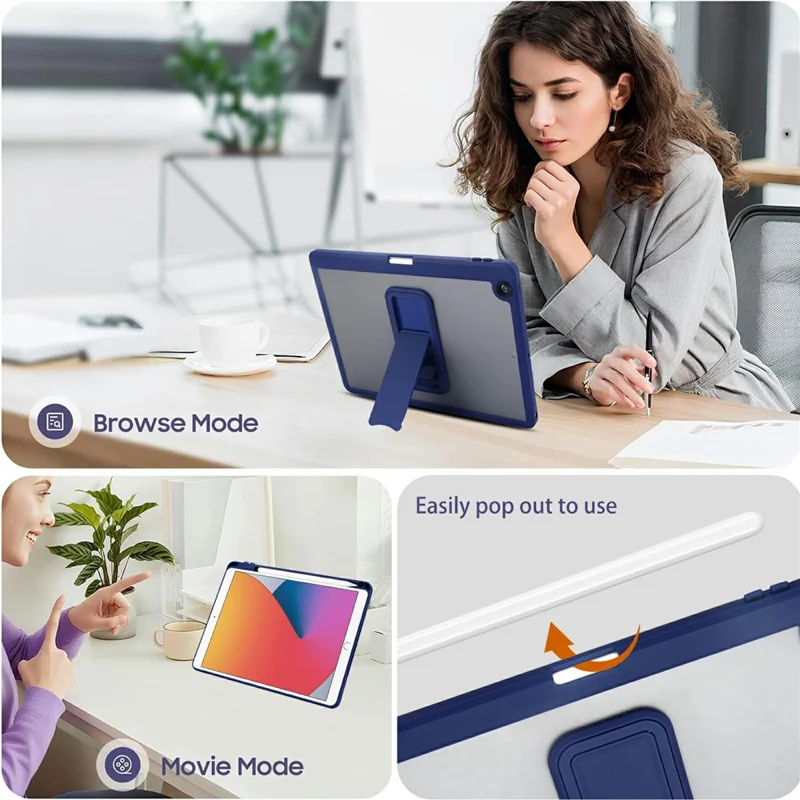 Tablet Case For iPad 10.2 (2021) / (2020) / (2019) Pencil Slot Kickstand Acrylic + Silicone Cover - Dark Blue