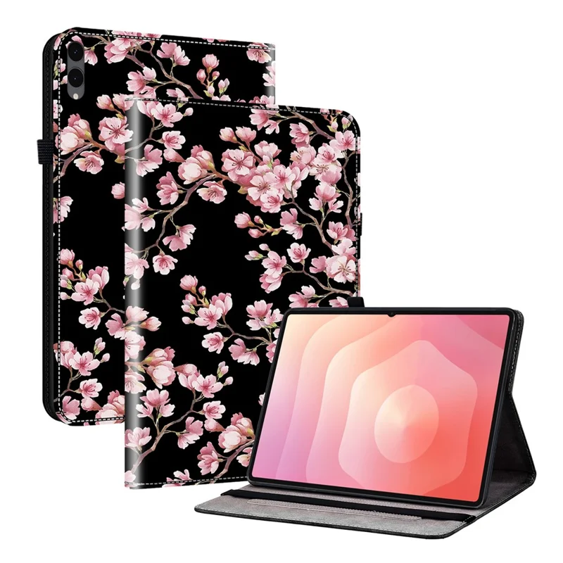 Ledertasche für Samsung Galaxy Tab S12+ mit Musterdruck, Ständer, Kartenfächern - Pflaumenblüte