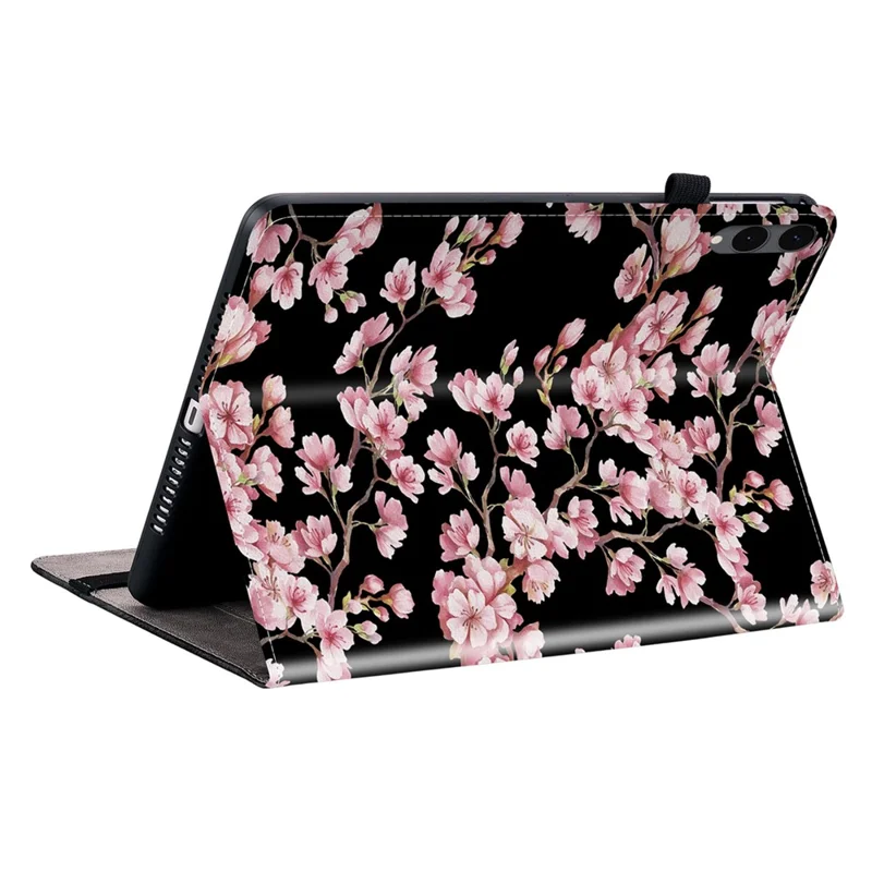 Ledertasche für Samsung Galaxy Tab S12+ mit Musterdruck, Ständer, Kartenfächern - Pflaumenblüte