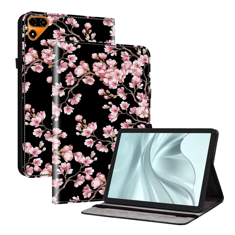 For TECNO Megapad 2 Leather Case Pattern Printed Stand Tablet Cover with Card Slots - Plum Blossom