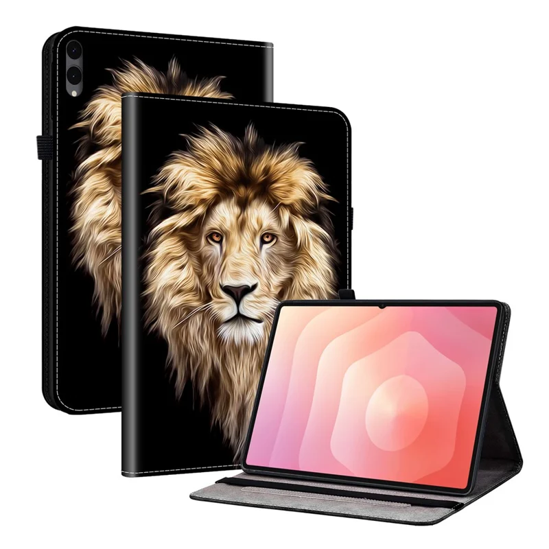Etui z nadrukiem skóry dla Samsung Galaxy Tab S12+ z funkcją podstawki i kieszeniami na karty - Głowa lwa