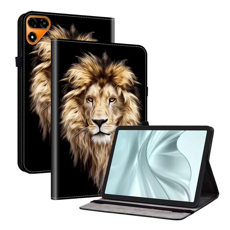 For TECNO Megapad 2 Leather Case Pattern Printed Stand Tablet Cover with Card Slots - Lion Head
