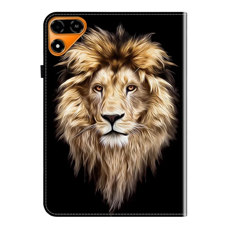 For TECNO Megapad 2 Leather Case Pattern Printed Stand Tablet Cover with Card Slots - Lion Head