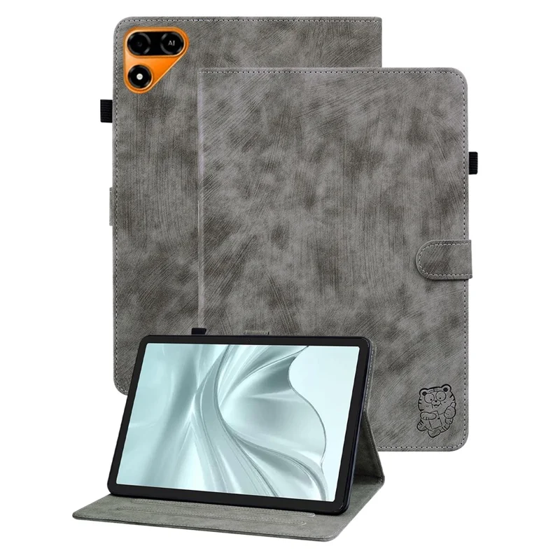 For TECNO Megapad 2 Case Tiger Imprint Anti-Scratch PU Leather Tablet Cover - Grey