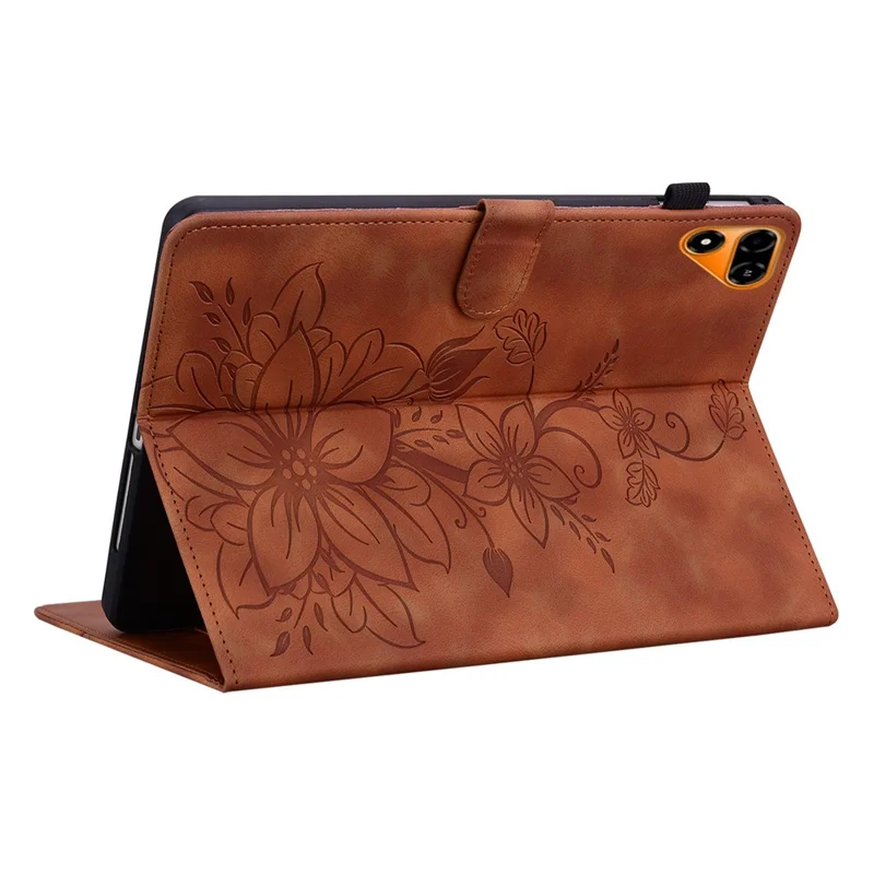 For TECNO Megapad 2 Case Lily Flower Imprint Card Slots Leather Tablet Cover - Brown