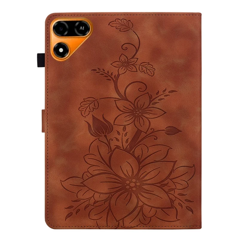 For TECNO Megapad 2 Case Lily Flower Imprint Card Slots Leather Tablet Cover - Brown