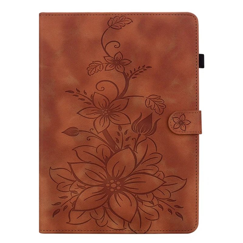 For TECNO Megapad 2 Case Lily Flower Imprint Card Slots Leather Tablet Cover - Brown