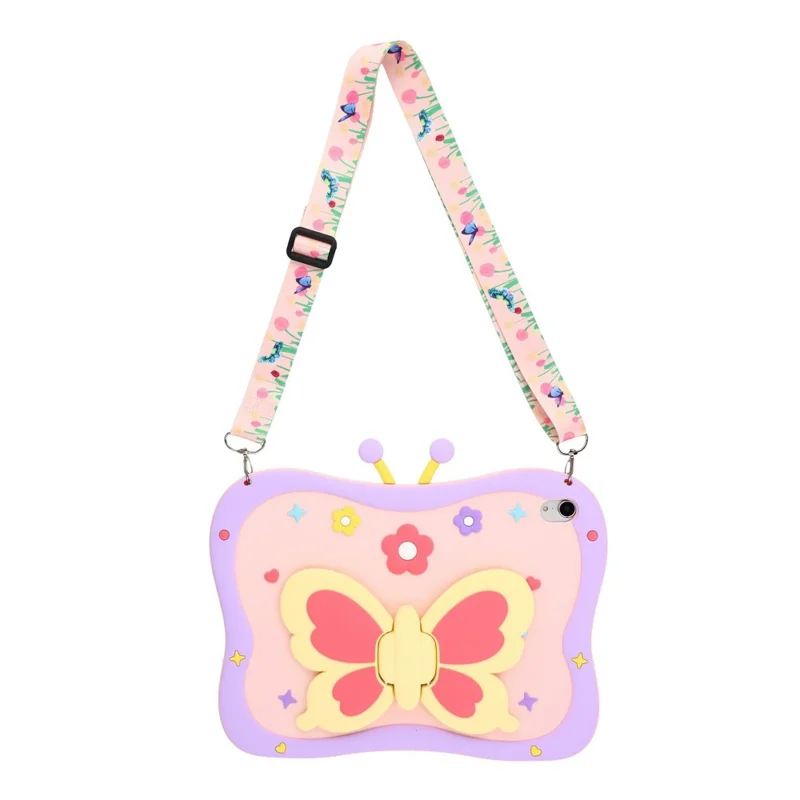 For iPad (2025) / iPad 10.9 (2022) Case 3D Butterfly Kickstand Silicone Tablet Protective Cover with Shoulder Strap