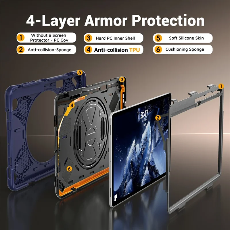 For Samsung Galaxy Tab S12+ Case TPU + PC + Silicone Kickstand Anti Drop Tablet Cover - Navy Blue