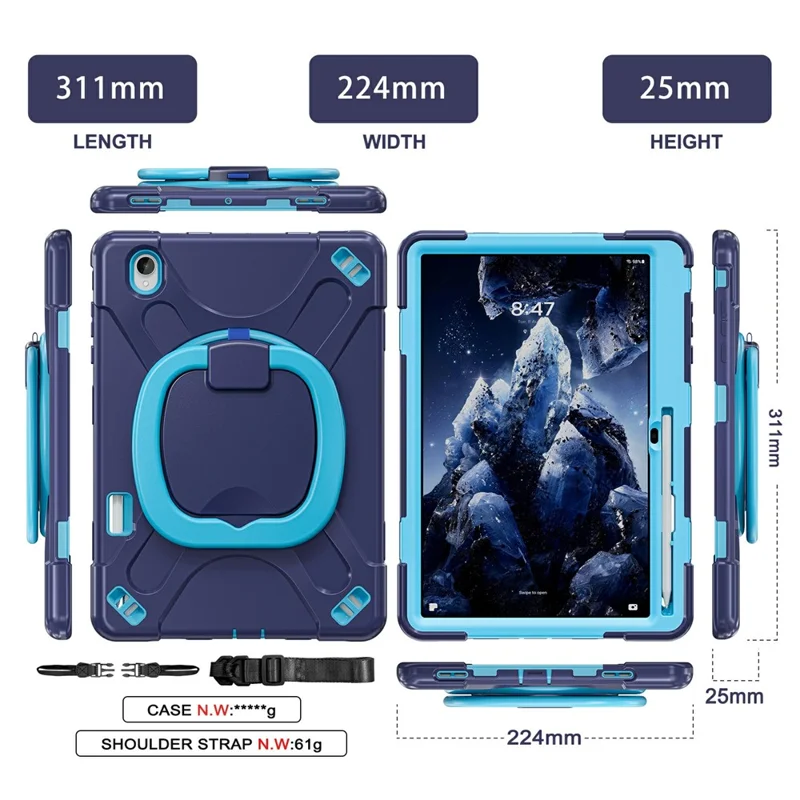 For Samsung Galaxy Tab S12+ Case TPU + PC + Silicone Tablet Cover Swivel Kickstand Handle Grip - Navy Blue