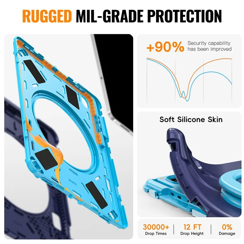 For Samsung Galaxy Tab S12+ Case TPU + PC + Silicone Tablet Cover Swivel Kickstand Handle Grip - Navy Blue
