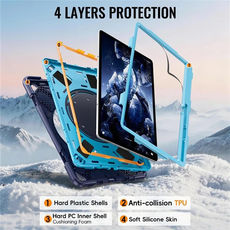 For Samsung Galaxy Tab S12+ Case TPU + PC + Silicone Tablet Cover Swivel Kickstand Handle Grip - Navy Blue