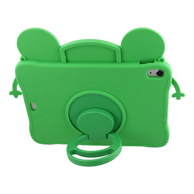 For iPad (2025) / iPad 10.9 (2022) Case Rotating Kickstand Cartoon Frog Silicone Tablet Cover with Shoulder Strap