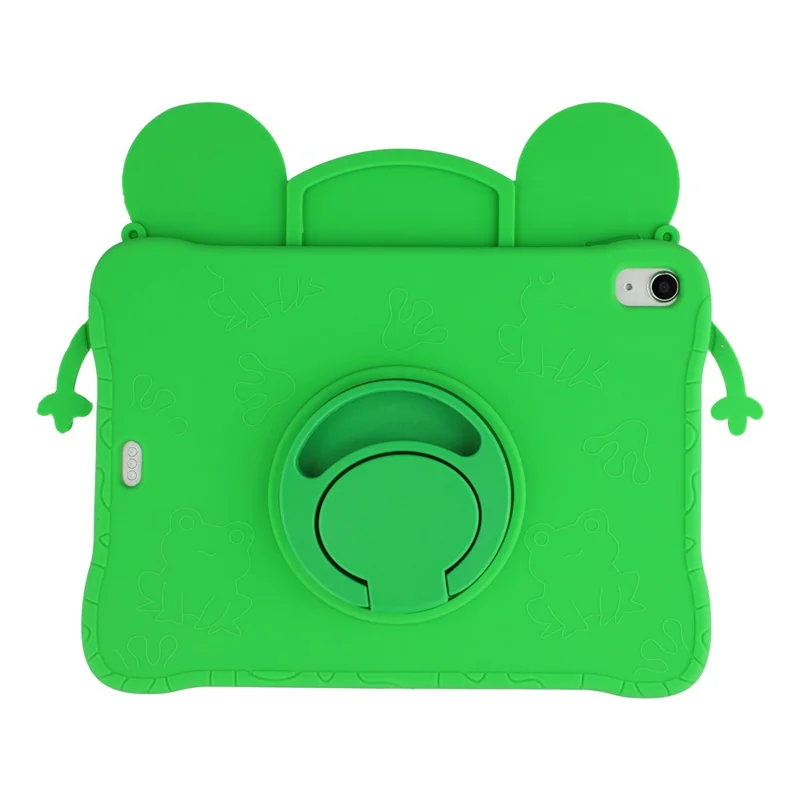 For iPad (2025) / iPad 10.9 (2022) Case Rotating Kickstand Cartoon Frog Silicone Tablet Cover with Shoulder Strap