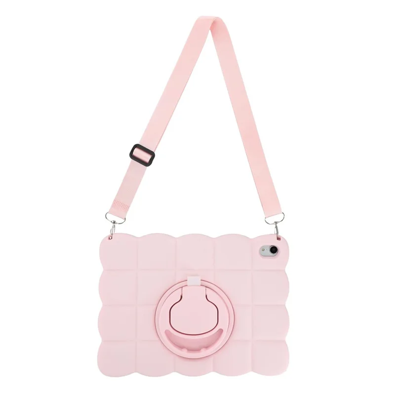 For iPad (2025) / iPad 10.9 (2022) Case Rotating Kickstand Square Texture Silicone Tablet Cover with Shoulder Strap - Pink