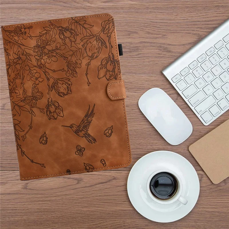 For Samsung Galaxy Tab S12+ Case Flower Bird Imprinted Card Holder Leather Tablet Cover - Brown