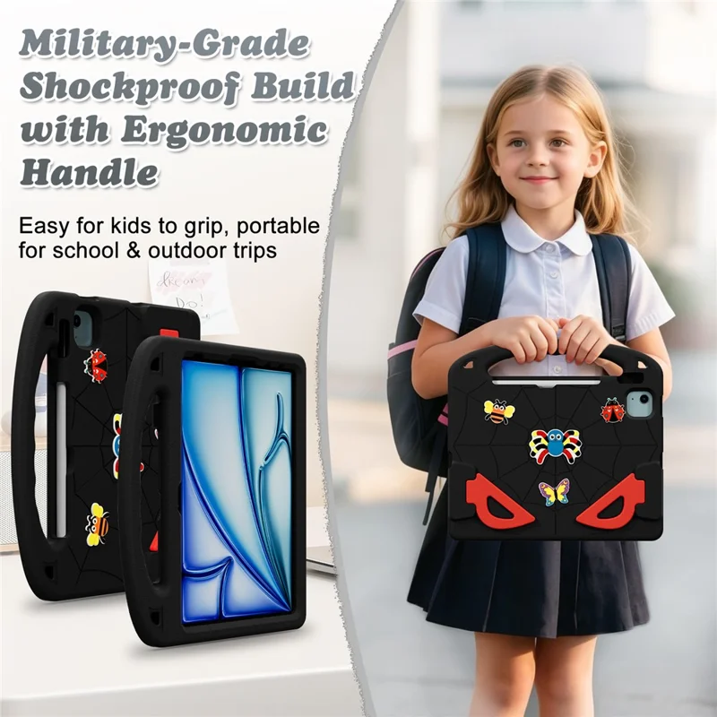 EVA-Hülle für iPad Air 11 (2026) / (2025) / (2024) / Air (2022) / (2020) / Pro 11 (2025) / (2024) / (2022) / (2021) / (2020) / (2018) Cartoon-Insekten stoßfester Tablet-Bezug mit Griff und Ständer – Schwarz Rot