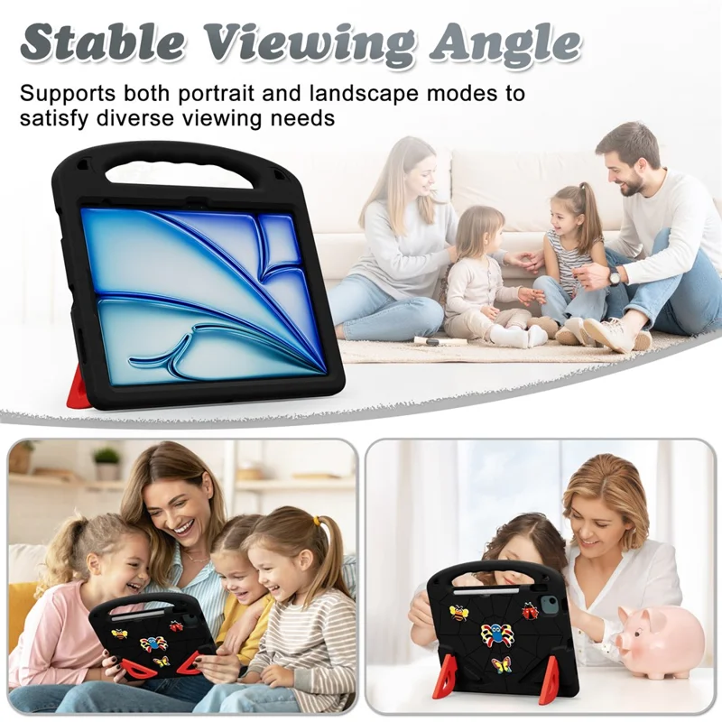 EVA-Hülle für iPad Air 11 (2026) / (2025) / (2024) / Air (2022) / (2020) / Pro 11 (2025) / (2024) / (2022) / (2021) / (2020) / (2018) Cartoon-Insekten stoßfester Tablet-Bezug mit Griff und Ständer – Schwarz Rot
