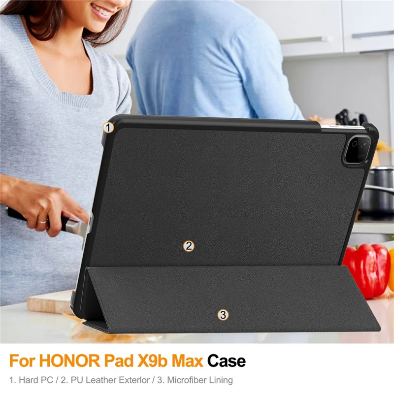 Étui en cuir PU pour tablette Honor Pad X9b Max, étui de protection mince antichute avec trépied, noir