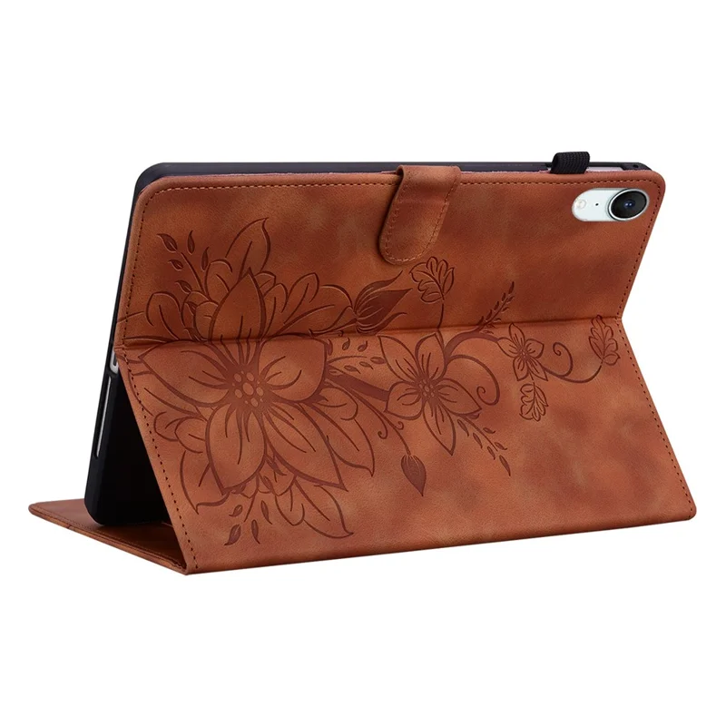 For iPad mini (2026) Case Lily Flower Imprint Card Slots Leather Tablet Cover - Brown