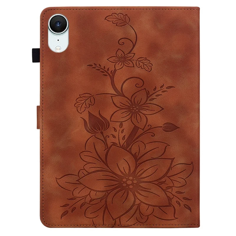 For iPad mini (2026) Case Lily Flower Imprint Card Slots Leather Tablet Cover - Brown