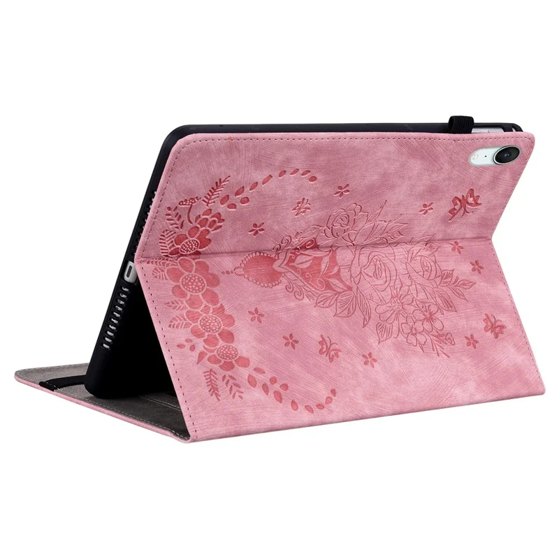 For iPad mini (2026) Case Card Holder Anti-Scratch Leather Cover Rose Flower Imprint - Pink