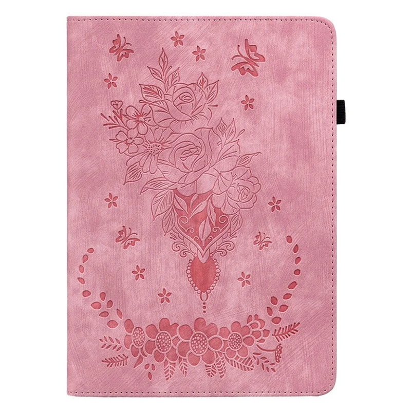 For iPad mini (2026) Case Card Holder Anti-Scratch Leather Cover Rose Flower Imprint - Pink
