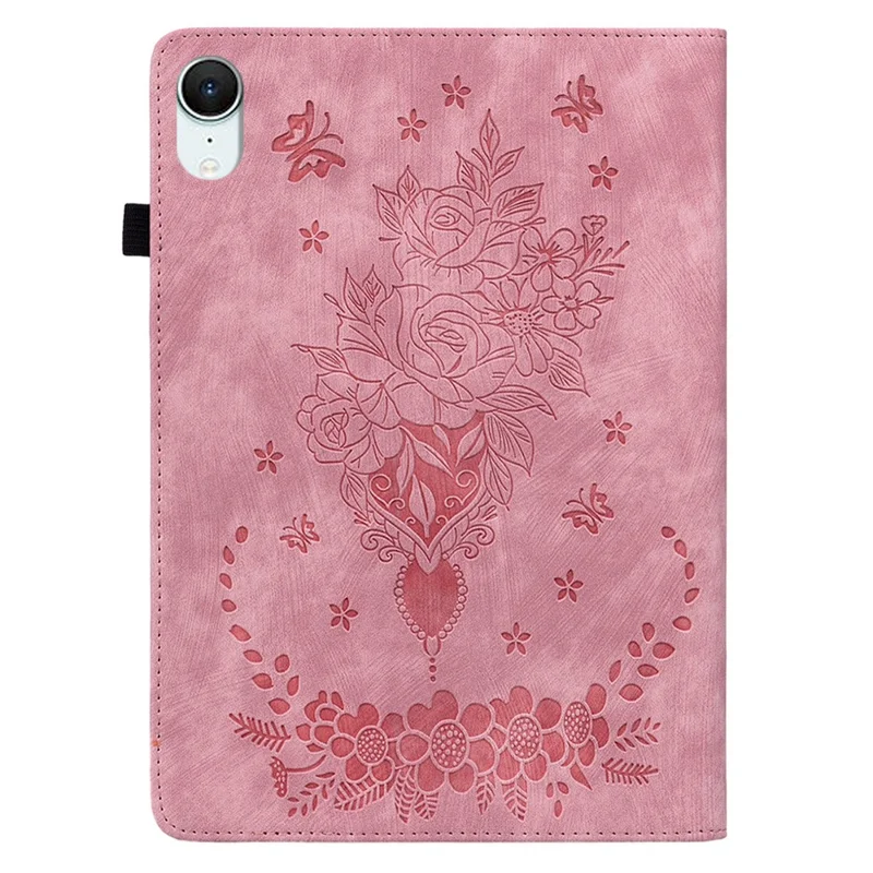 For iPad mini (2026) Case Card Holder Anti-Scratch Leather Cover Rose Flower Imprint - Pink