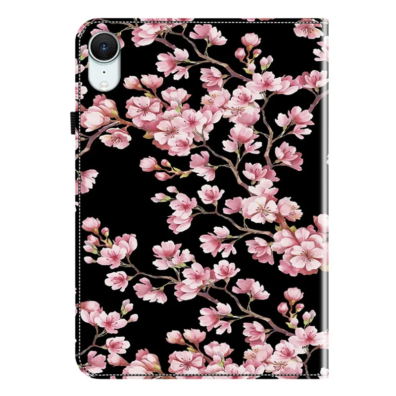Cover in pelle per iPad mini (2026) con stampa motivo a fiore di susino, custodia con supporto e slot per schede