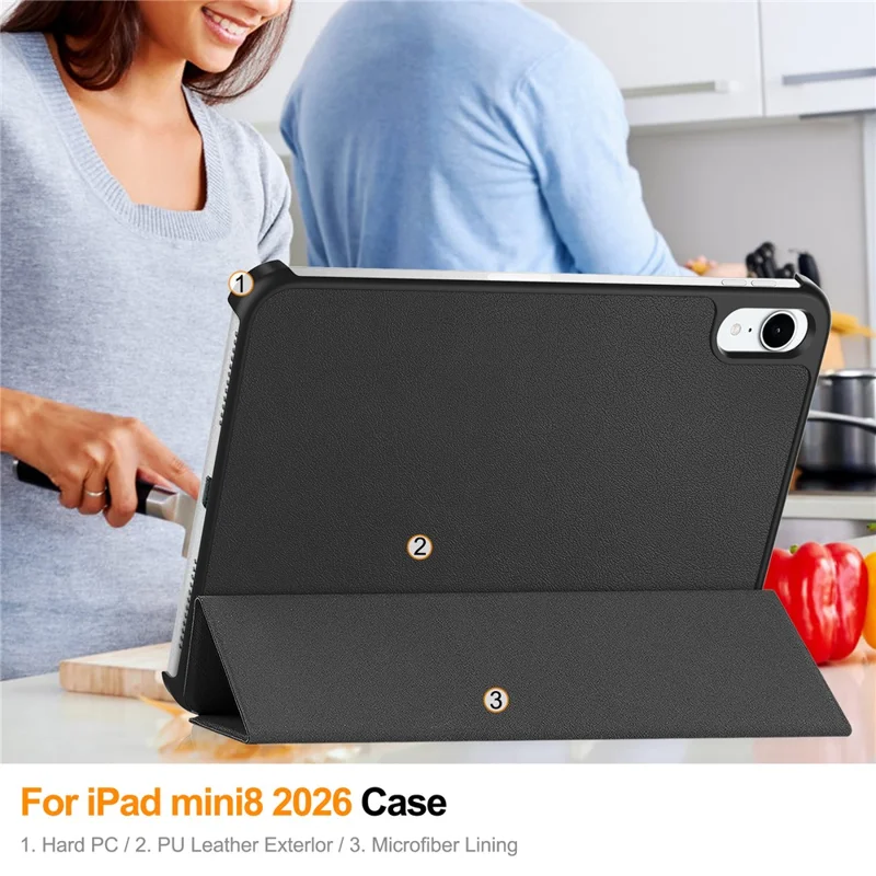 For iPad mini (2026) PU Leather Tablet Case Anti-drop Tri-Fold Stand Slim Protective Cover - Black