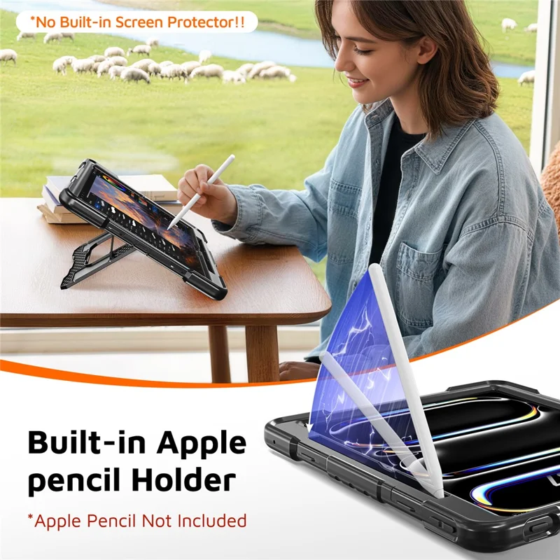 For iPad Pro 13 (2025) / (2024) Case Kickstand PC + TPU + Silicone Tablet Cover with Pen Holder - Black