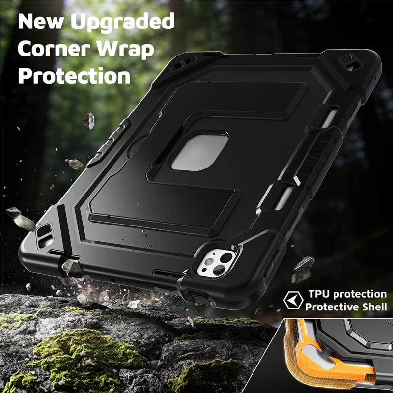 For iPad Pro 13 (2025) / (2024) Case Kickstand PC + TPU + Silicone Tablet Cover with Pen Holder - Black