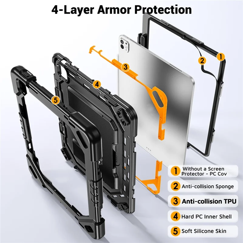 For iPad Pro 13 (2025) / (2024) Case Kickstand PC + TPU + Silicone Tablet Cover with Pen Holder - Black