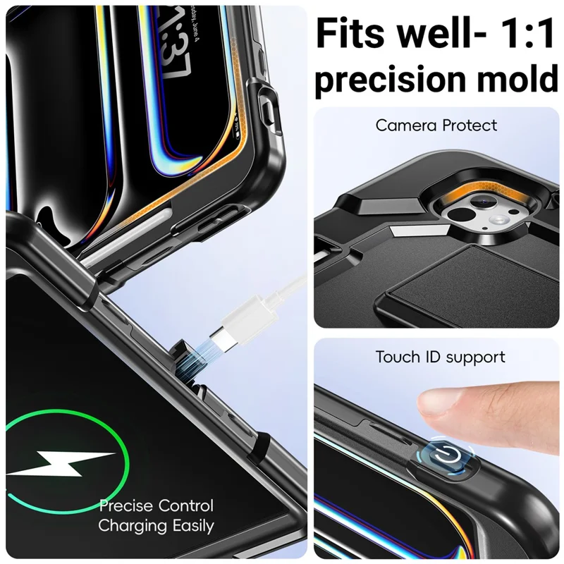 For iPad Pro 13 (2025) / (2024) Case Kickstand PC + TPU + Silicone Tablet Cover with Pen Holder - Black