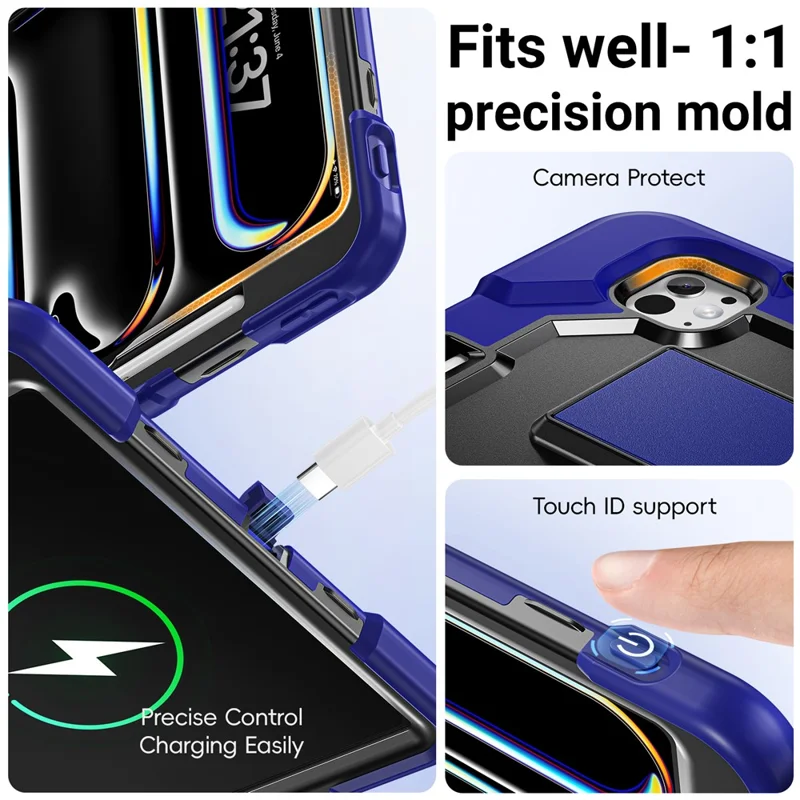 For iPad Pro 13 (2025) / (2024) Case Shockproof PC + TPU + Silicone Protective Cover with Shoulder Strap / Pen Holder - Navy Blue+Black