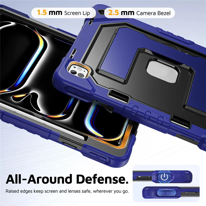 For iPad Pro 13 (2025) / (2024) Case Shockproof PC + TPU + Silicone Protective Cover with Shoulder Strap / Pen Holder - Navy Blue+Black