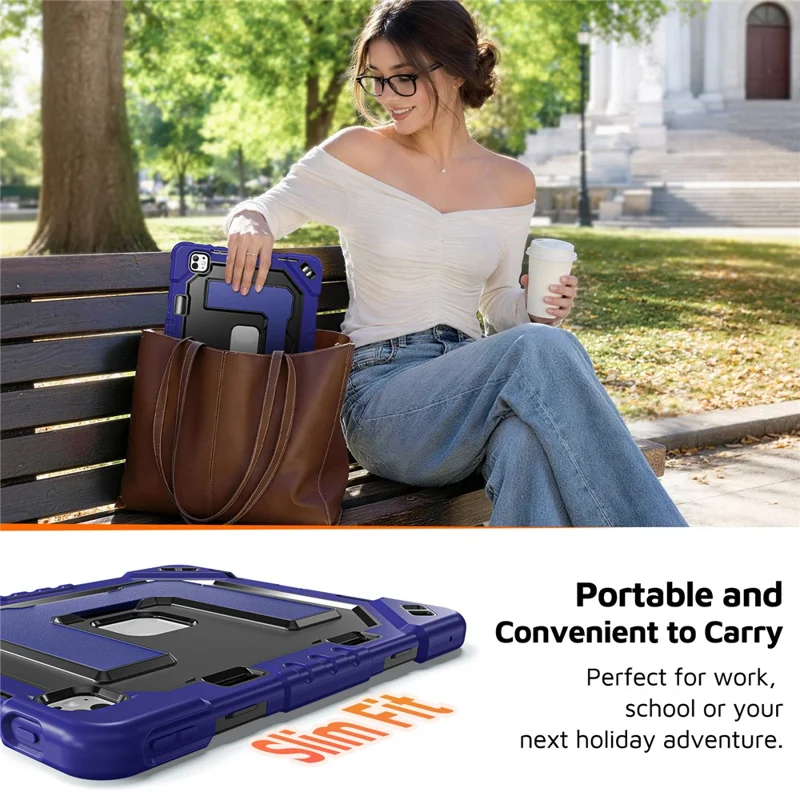 For iPad Pro 13 (2025) / (2024) Case Shockproof PC + TPU + Silicone Protective Cover with Shoulder Strap / Pen Holder - Navy Blue+Black