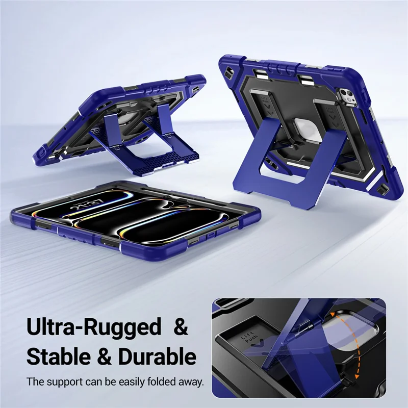 For iPad Pro 13 (2025) / (2024) Case Shockproof PC + TPU + Silicone Protective Cover with Shoulder Strap / Pen Holder - Navy Blue+Black