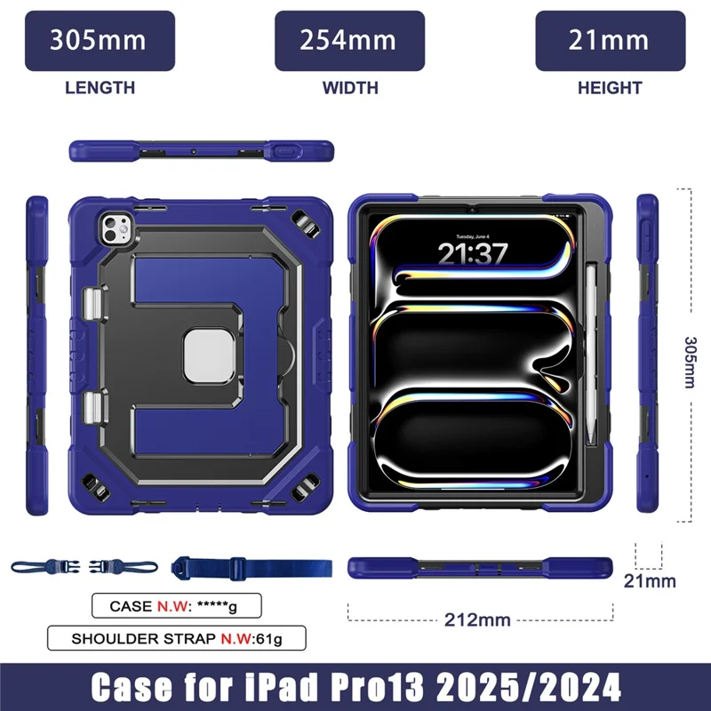 For iPad Pro 13 (2025) / (2024) Case Shockproof PC + TPU + Silicone Protective Cover with Shoulder Strap / Pen Holder - Navy Blue+Black