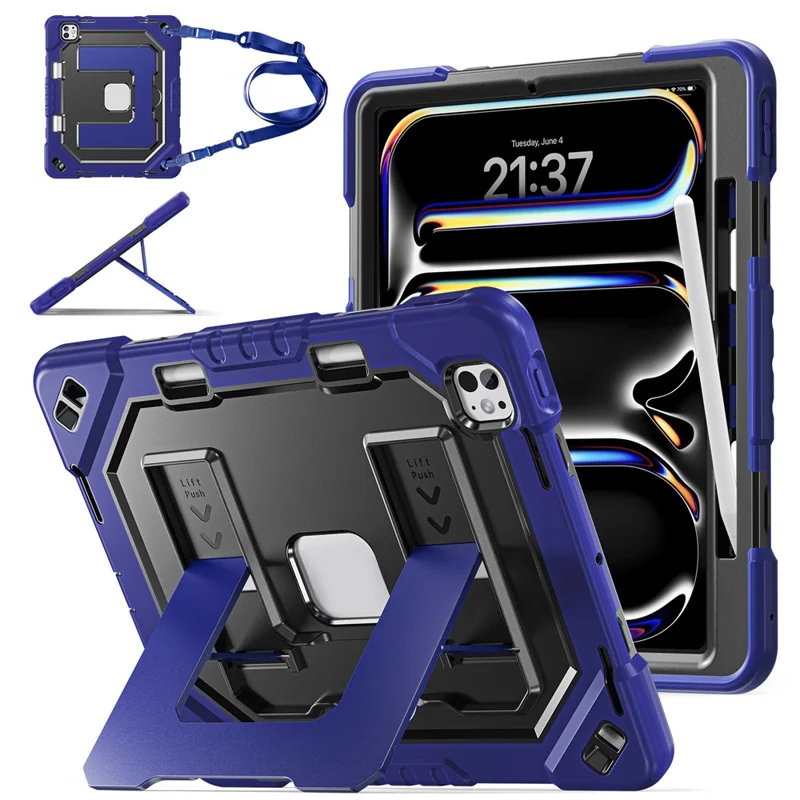 For iPad Pro 13 (2025) / (2024) Case Shockproof PC + TPU + Silicone Protective Cover with Shoulder Strap / Pen Holder - Navy Blue+Black