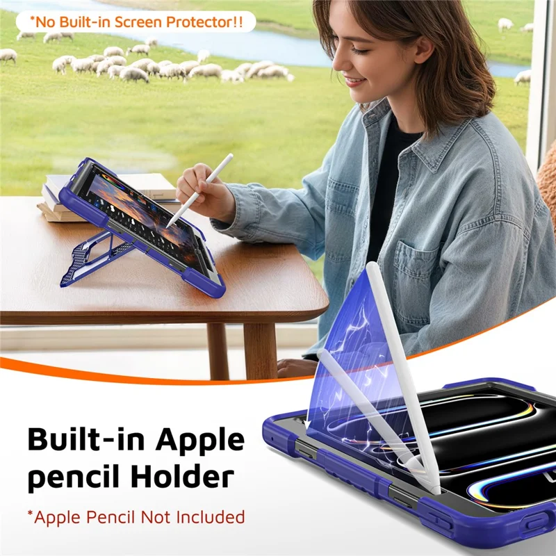 For iPad Pro 13 (2025) / (2024) Case Shockproof PC + TPU + Silicone Protective Cover with Shoulder Strap / Pen Holder - Navy Blue+Black