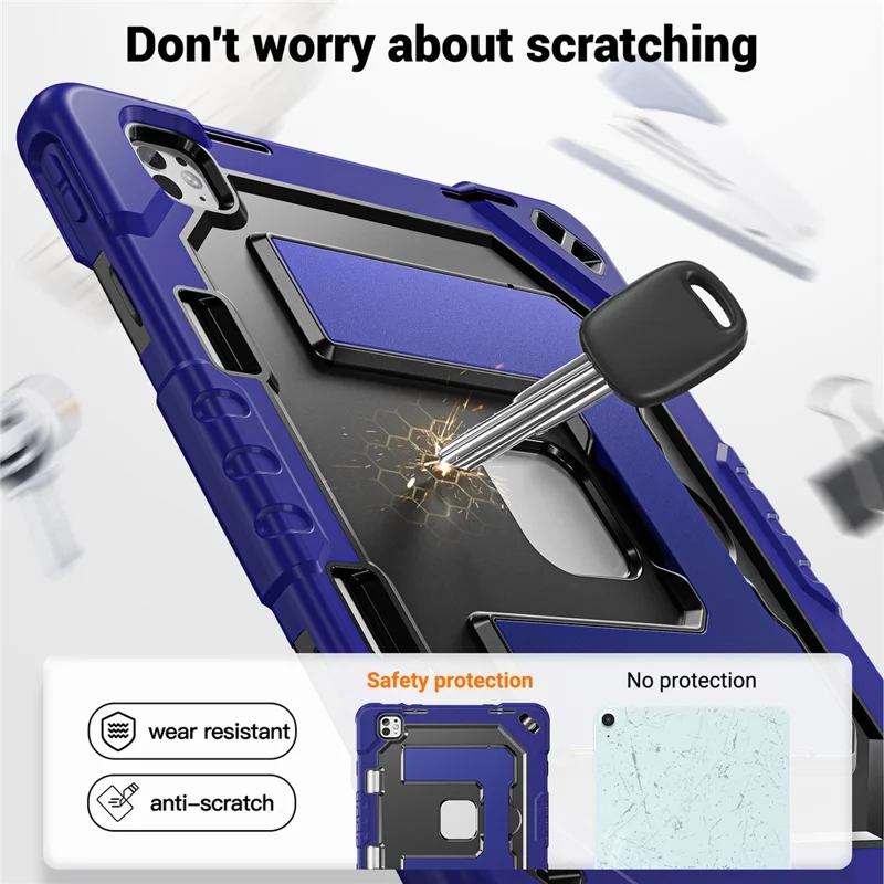 For iPad Pro 13 (2025) / (2024) Case Shockproof PC + TPU + Silicone Protective Cover with Shoulder Strap / Pen Holder - Navy Blue+Black